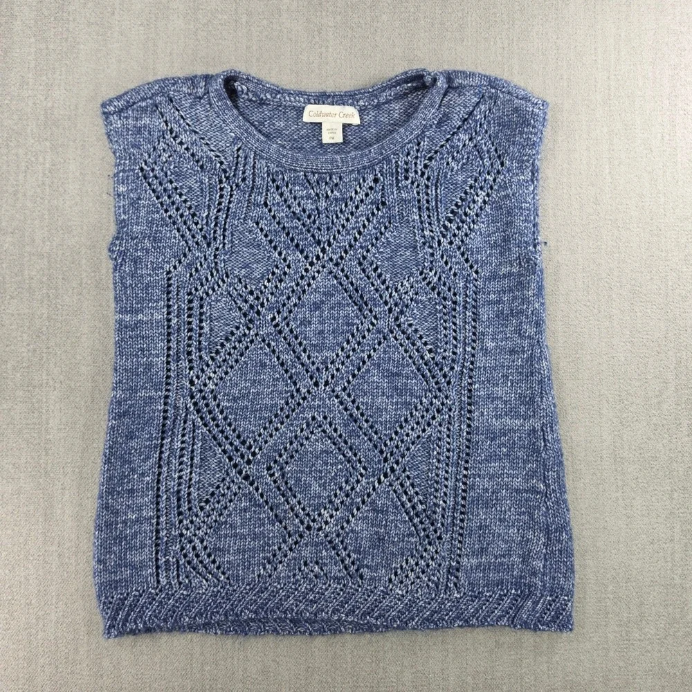 Coldwater Creek Sweater‎ Vest Women PM Blue Pointelle Diamond Knit Cotton Blend